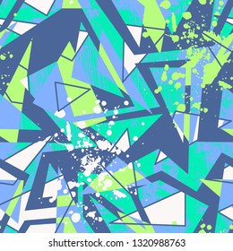 Abstract seamless chaotic pattern with urban geometric elements, scuffed, drops, triangles, spots, sprays. Grunge neon texture background.