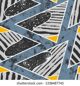 Abstract seamless chaotic pattern with urban geometric elements, for textile. Modern grunge background.