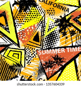 Abstract seamless chaotic pattern with urban geometric elements, palms and  triangles. Grunge neon texture background. 