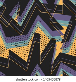 Abstract seamless chaotic pattern with urban geometric elements, dots, curved lines.