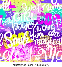 Abstract seamless chaotic pattern with urban geometric elements, graffiti, words, stars. Grunge neon texture background. Print for girls. Fashion style
