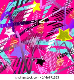 Abstract seamless chaotic pattern with urban geometric elements, scuffed, drops, stars and sprays. Grunge neon texture background. Wallpaper for teen girls. Fashion sport style