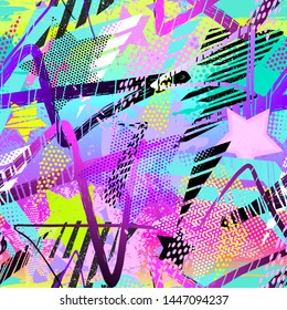 Abstract seamless chaotic pattern with urban geometric elements, scuffed, drops, stars and sprays. Grunge neon texture background. Wallpaper for teen girls. Fashion sport style