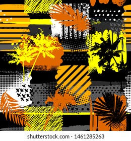 Abstract seamless chaotic pattern with urban geometric elements, palms and squares. Grunge neon texture background.
