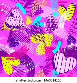 Abstract seamless chaotic pattern with urban geometric elements, scuffed, drops, hearts and sprays. Grunge neon texture background. Wallpaper for teen girls. Fashion sport style