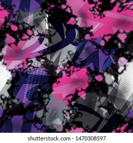 Abstract seamless chaotic pattern with urban geometric elements , for textile. Modern grunge background .Pink military wallpaper