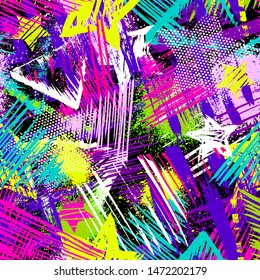 Abstract seamless chaotic pattern with urban geometric elements, scuffed, drops, hearts, stars and sprays. Grunge neon texture background. Wallpaper for teen girls. Fashion sport style
