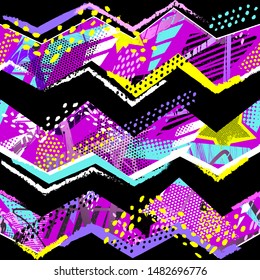 Abstract seamless chaotic pattern with urban geometric elements, scuffed, drops, zig zag and dots. Grunge neon texture background. Wallpaper for teen girls. Fashion sport style