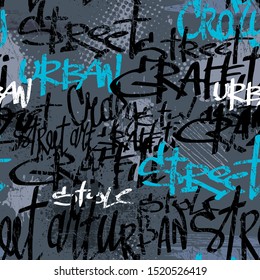 Abstract seamless chaotic pattern with urban graffiti words, scuffed and sprays. Grunge texture background. Wallpaper for boys. Fashion sport style