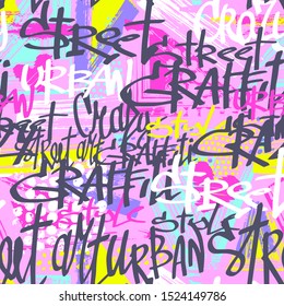 Abstract seamless chaotic pattern with urban graffiti words, scuffed and sprays. Grunge texture background. Wallpaper for girls. Fashion sport style