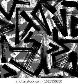 Abstract seamless chaotic pattern with urban elements, lines brushes painting. Grunge texture background. Wallpaper sport style