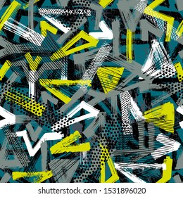 Abstract seamless chaotic pattern with urban elements, lines brushes painting. Grunge texture background. Wallpaper sport style