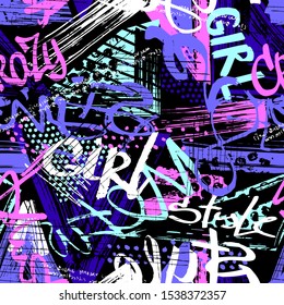 Abstract seamless chaotic pattern with urban graffiti words, scuffed and sprays. Grunge texture background. Wallpaper for girls. Fashion sport style
