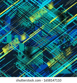 Abstract seamless chaotic pattern with urban graffiti elements, scuffed and sprays. Grunge texture background. Wallpaper for boys. Fashion sport style