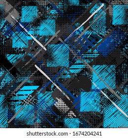 Abstract seamless chaotic pattern with urban graffiti elements, scuffed and sprays. Grunge texture background. Wallpaper for boys. Fashion sport style