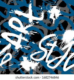Abstract seamless chaotic pattern with urban graffiti words, scuffed and sprays. Grunge texture background. Wallpaper for boys. Fashion sport style