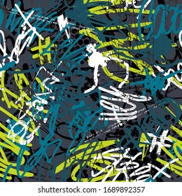 abstract seamless chaotic pattern with urban graffiti words, scuffed and sprays. Grunge texture background. Wallpaper for boys. Fashion sport style