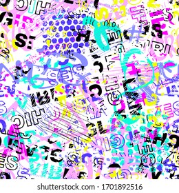 Abstract seamless chaotic pattern with urban graffiti words, scuffed and sprays. Grunge texture background. Wallpaper for girls. Fashion sport style