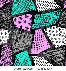 Resumen de un patrón caótico sin fisuras con elementos geométricos urbanos, escaramuzas, gotas, corazones y pulverizaciones. Borde fondo de textura de neón. Fondo de escritorio para chicas adolescentes. Estilo deportivo de moda