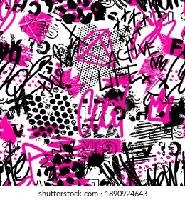 Abstract seamless chaotic pattern with urban graffiti words, scuffed and sprays. Grunge texture background. Wallpaper for girls. Fashion sport style