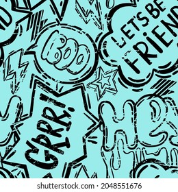 Abstract seamless chaotic pattern with urban graffiti words. Grunge texture background. Wallpaper for boys. Fashion sport style
