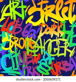 Abstract seamless chaotic pattern with urban graffiti words, scuffed and sprays. Grunge texture background. Wallpaper for boys. Fashion sport style
