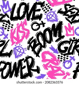 Abstract Seamless Chaotic Pattern With Urban Elements, Graffiti, Words. Grunge Neon Texture Background. Wallpaper For Girls. Fashion Teen Style