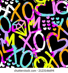 Abstract seamless chaotic pattern with urban elements, graffiti, heart. Grunge neon texture background. Wallpaper for girls. Fashion teen style