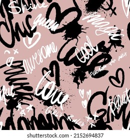 Abstract seamless chaotic pattern with urban elements, graffiti words. Grunge texture background. Wallpaper cool teen style