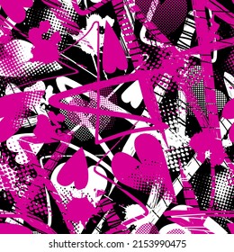Abstract seamless chaotic pattern with urban elements, graffiti. Grunge texture background. Wallpaper cool teen style
