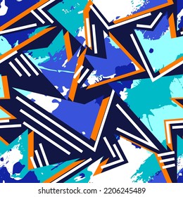 Abstract seamless chaotic pattern with urban graffiti elements, scuffed and sprays. Grunge texture background. Wallpaper for boys. Fashion sport style