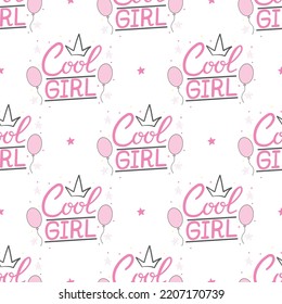 Abstract seamless chaotic pattern with urban geometric elements, graffiti, words, stars. Wallpaper for girls. Fashion style
