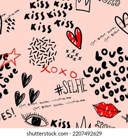 Abstract seamless chaotic pattern with urban elements, graffiti words, heart, lips. Grunge texture background. Wallpaper cool teen style