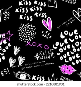 Abstract seamless chaotic pattern with urban elements, graffiti words, heart, lips. Grunge texture background. Wallpaper cool teen style