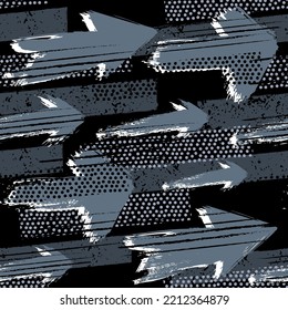 Abstract seamless chaotic pattern with urban graffiti elements, scuffed and sprays. Grunge texture background. Wallpaper for boys. Fashion sport style