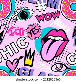 Abstract seamless chaotic pattern with urban elements, graffiti words, heart, lips. Grunge texture background. Wallpaper cool teen style