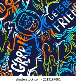 Abstract seamless chaotic pattern with urban graffiti words. Grunge texture background. Wallpaper for boys. Fashion sport style