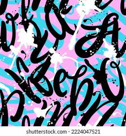 Abstract seamless chaotic pattern with urban elements, graffiti words. Grunge texture background. Wallpaper cool teen style