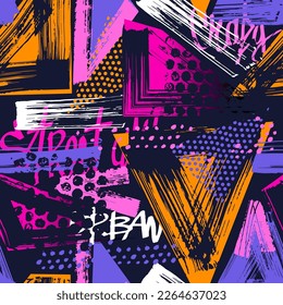 Abstract seamless chaotic pattern with urban elements, lines brushes painting. Grunge texture background. Wallpaper sport style