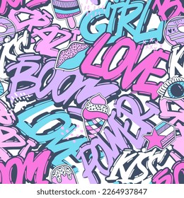 Abstract seamless chaotic pattern with urban elements, graffiti, words. Grunge neon texture background. Wallpaper for girls. Fashion teen style