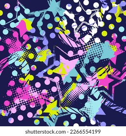 Abstract seamless chaotic pattern with urban geometric elements, scuffed, drops, stars and sprays. Grunge neon texture background. Wallpaper for teen girls. Fashion sport style