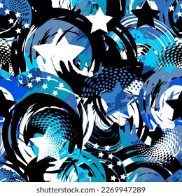 Abstract seamless chaotic pattern with urban geometric elements, scuffed, drops, stars and sprays. Grunge neon texture background. Wallpaper for teen. Fashion sport style