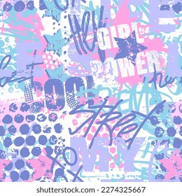 Abstract seamless chaotic pattern with urban elements, graffiti words. Grunge texture background. Wallpaper cool teen style