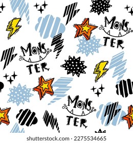 Abstract seamless chaotic pattern with urban graffiti words. Grunge texture background. Wallpaper for boys. Fashion sport style
