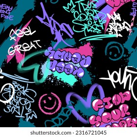 Abstract seamless chaotic pattern with urban graffiti words, scuffed and sprays. Grunge texture background. Wallpaper . Fashion sport style