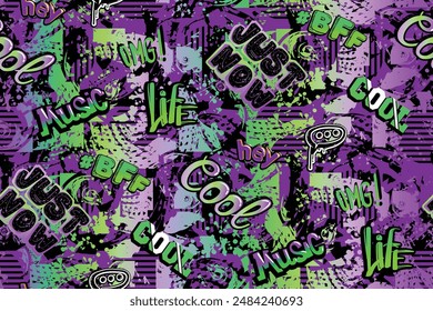 Abstractas patrón caótico sin fisuras con palabras de graffiti urbano, fondo grunge, superficie rasgada, sprays. Fondo texturizado grunge y estampado tipográfico. adolescentes imprime Fondo de pantalla para niños. Moda