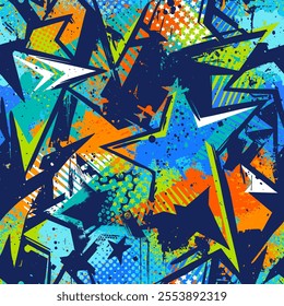 Abstract seamless chaotic pattern with urban geometric elements, scuffed, drops, stars and sprays. Grunge  neon texture background. Wallpaper for teens

