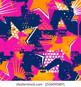 Abstract seamless chaotic pattern with urban geometric elements, scuffed, drops, stars and sprays. Grunge  neon texture background. Wallpaper for teens