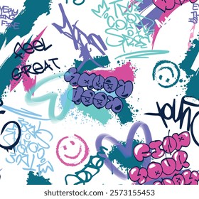 Abstract seamless chaotic pattern with urban graffiti words, scuffed and sprays. Grunge texture background. Wallpaper . Fashion sport style