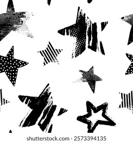 Abstract seamless chaotic pattern with urban geometric elements, scuffed, drops, stars and sprays. Grunge  neon texture background. Wallpaper for teens